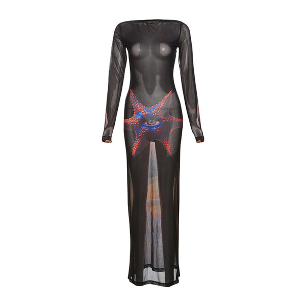 Vestido largo de malla transparente con manga larga y lazo 