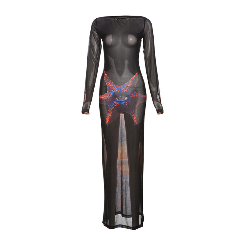 Vestido largo de malla transparente con manga larga y lazo 