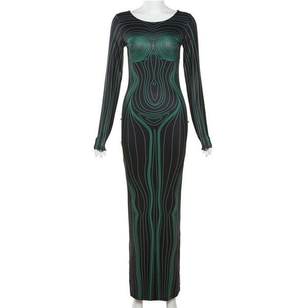 Long sleeve crewneck body print maxi dress