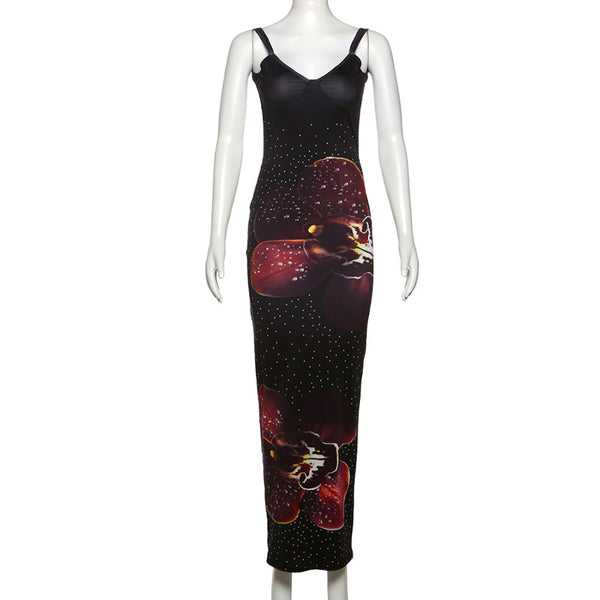 Vestido largo camisola con estampado floral de lunares y cuello en V fruncido 