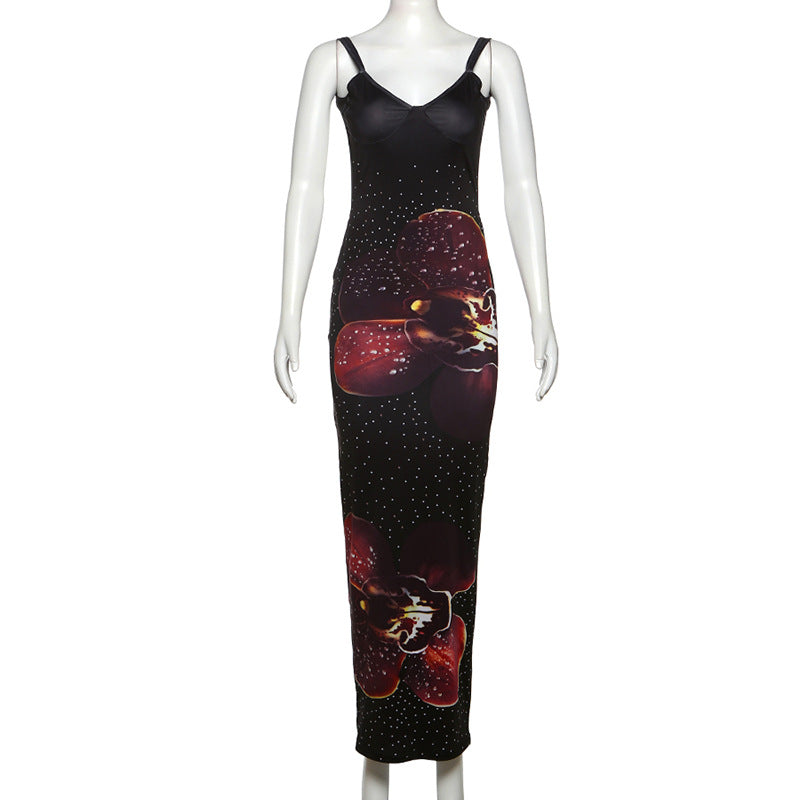 Robe longue camisole à imprimé fleuri et à pois froncés à col en V 