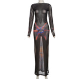 Vestido largo de malla transparente con manga larga y lazo 