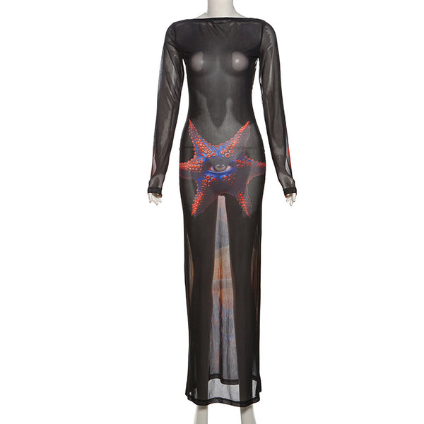 Vestido largo de malla transparente con manga larga y lazo 