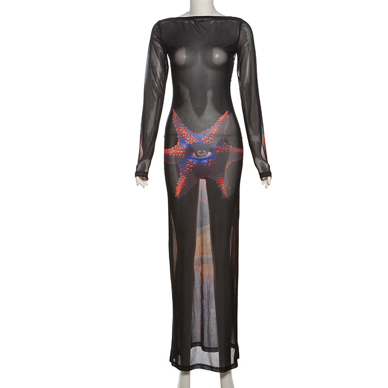 Vestido largo de malla transparente con manga larga y lazo 