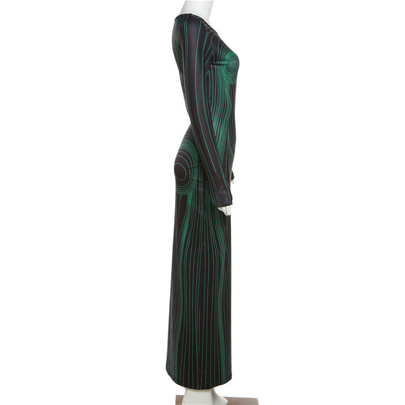 Long sleeve crewneck body print maxi dress