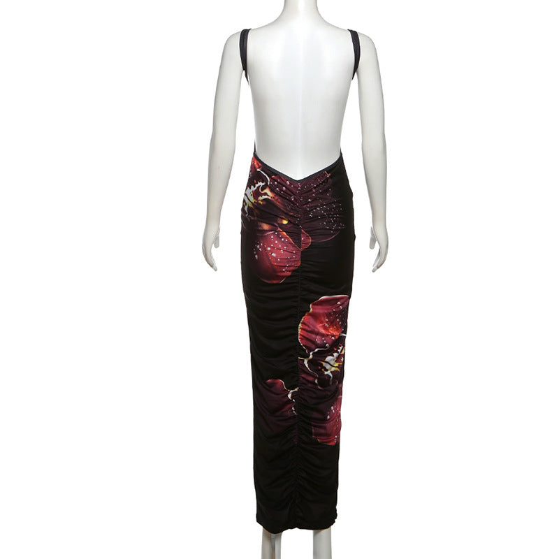 Robe longue camisole à imprimé fleuri et à pois froncés à col en V 