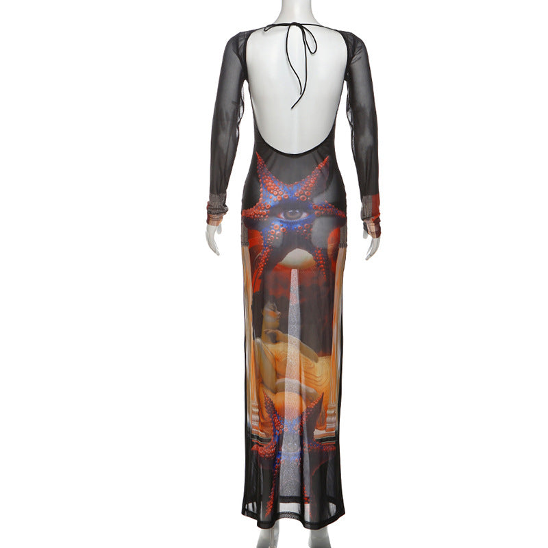 Vestido largo de malla transparente con manga larga y lazo 