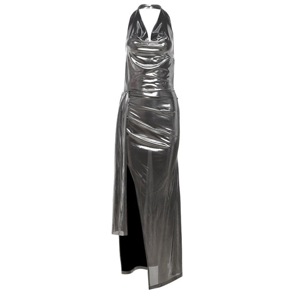 Robe longue métallique à col bénitier et boutons fendus 