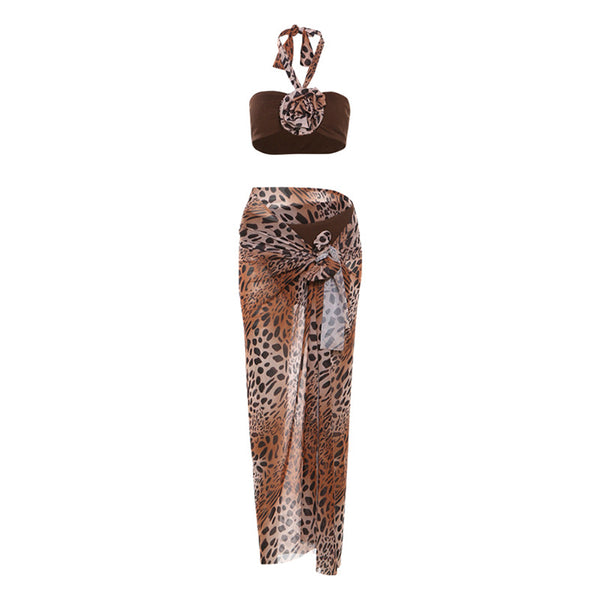 Conjunto de falda larga de 3 piezas con estampado de leopardo, de malla con lazo y cuello halter 