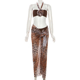 Leopard print halter self tie mesh 3 piece maxi skirt set