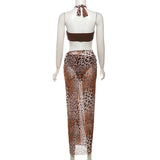 Leopard print halter self tie mesh 3 piece maxi skirt set