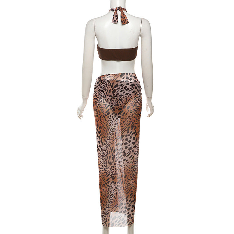 Leopard print halter self tie mesh 3 piece maxi skirt set
