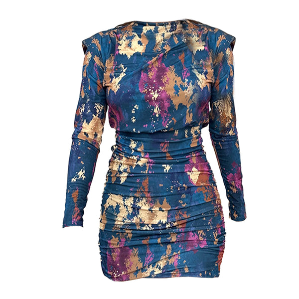 Vestido mini de cuello redondo con estampado tie dye y manga larga fruncida 