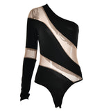 Irregular one shoulder mesh button bodysuit