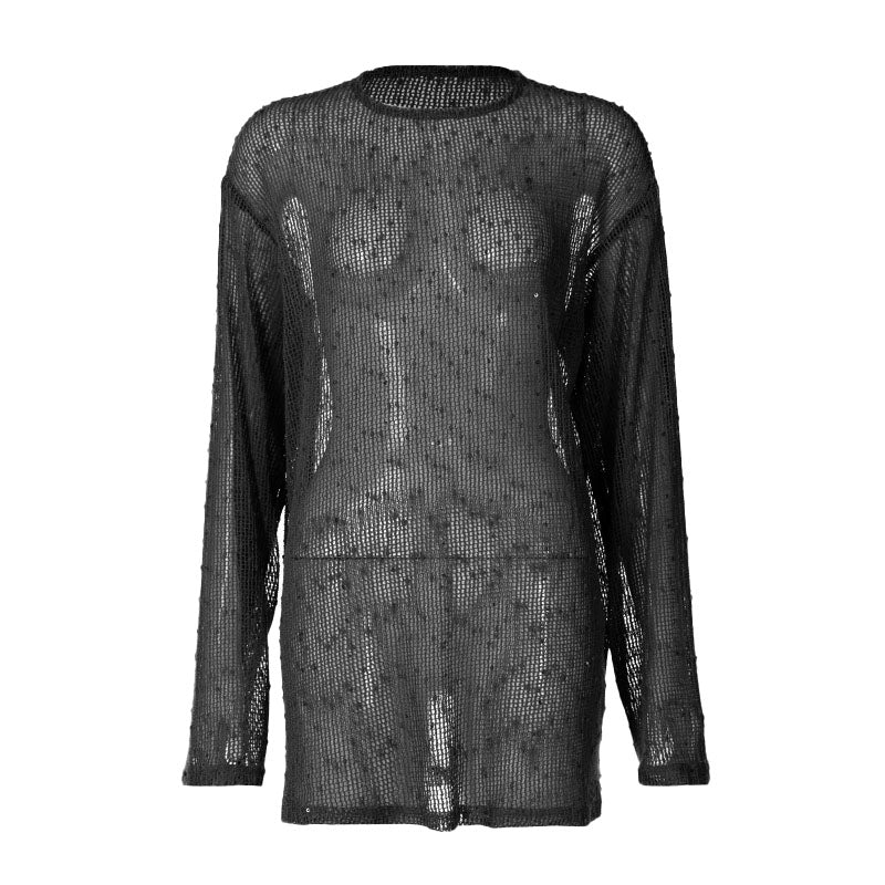 Long sleeve crewneck hollow out see through top