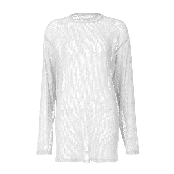 Long sleeve crewneck hollow out see through top