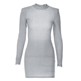 Long sleeve crewneck padded beaded mini dress