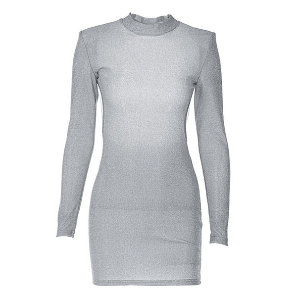 Long sleeve crewneck padded beaded mini dress