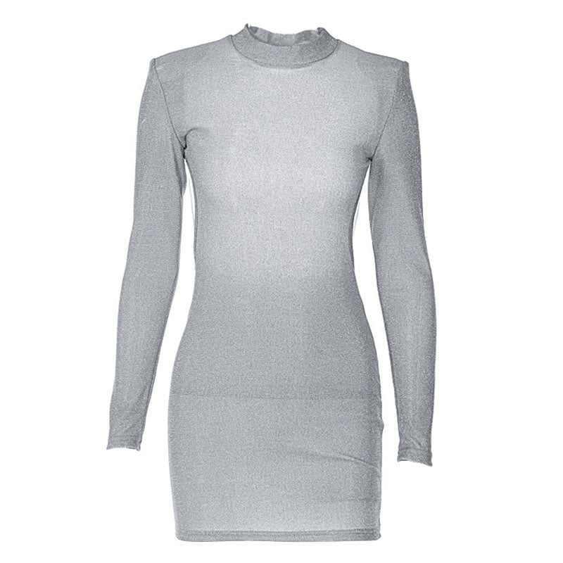 Long sleeve crewneck padded beaded mini dress
