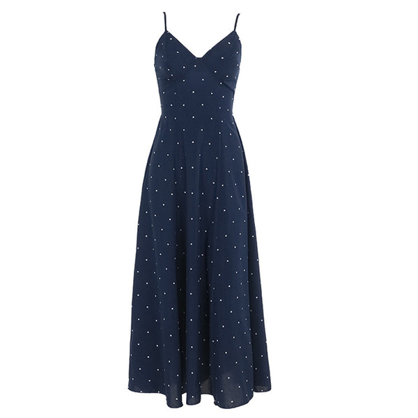 Robe midi à pois, col en V, smockée et contrastée 