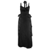 Lace slit v neck ruched backless cami maxi dress