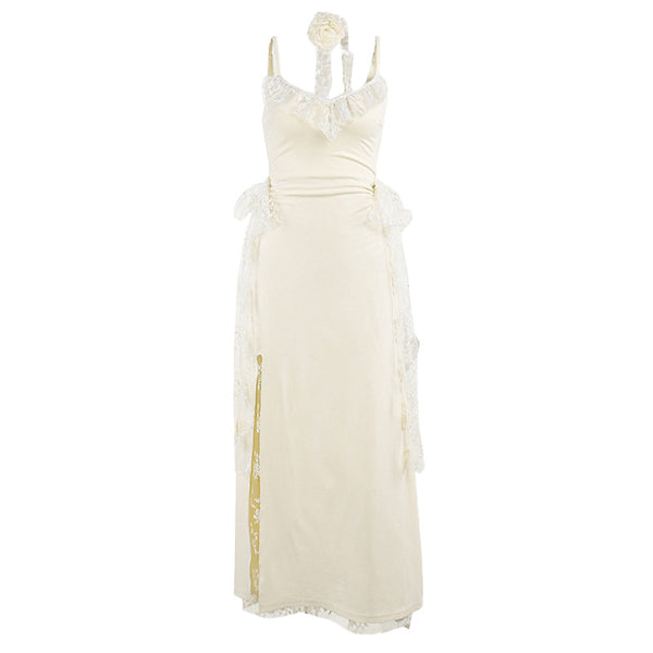 Lace slit v neck ruched backless cami maxi dress