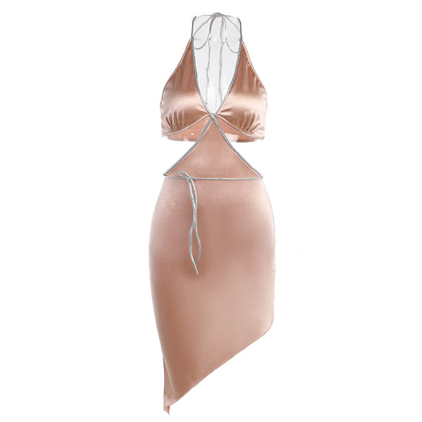 Mini-robe à col en V profond irrégulier et à nouer soi-même 