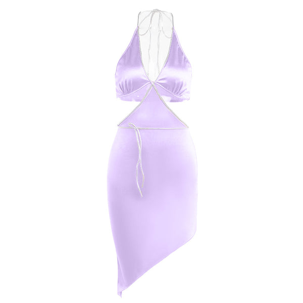 Mini-robe à col en V profond irrégulier et à nouer soi-même 