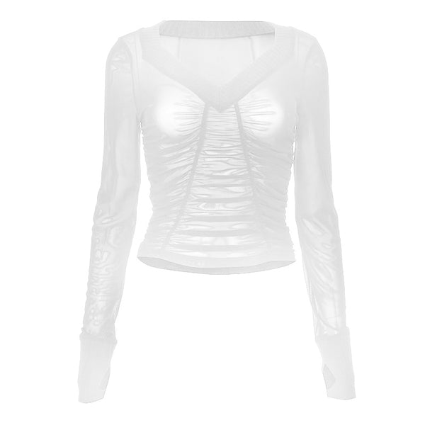 Top con cuello en V y mangas largas de malla fruncida 