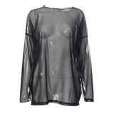Top de cuello redondo en contraste con malla transparente y manga larga 