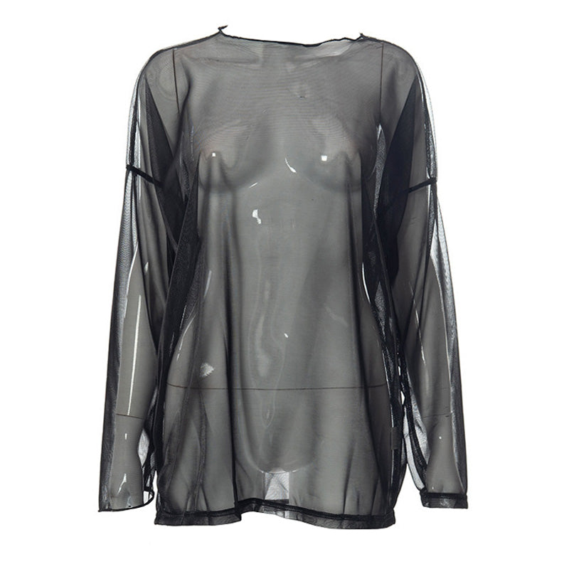 Top de cuello redondo en contraste con malla transparente y manga larga 