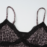 Leopard print mesh v neck lace hem cami top