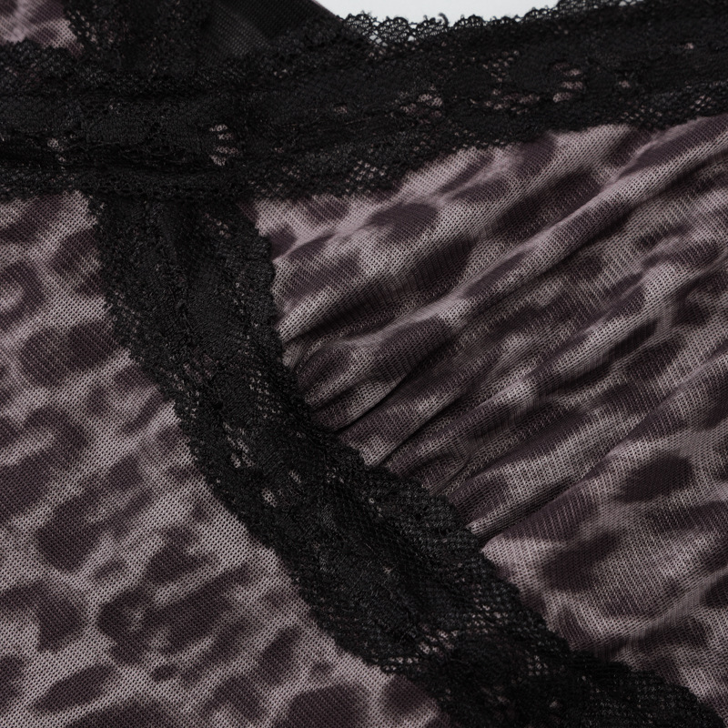 Leopard print mesh v neck lace hem cami top