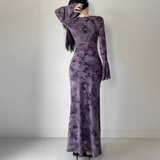 Long flared sleeve v neck ruched print maxi dress