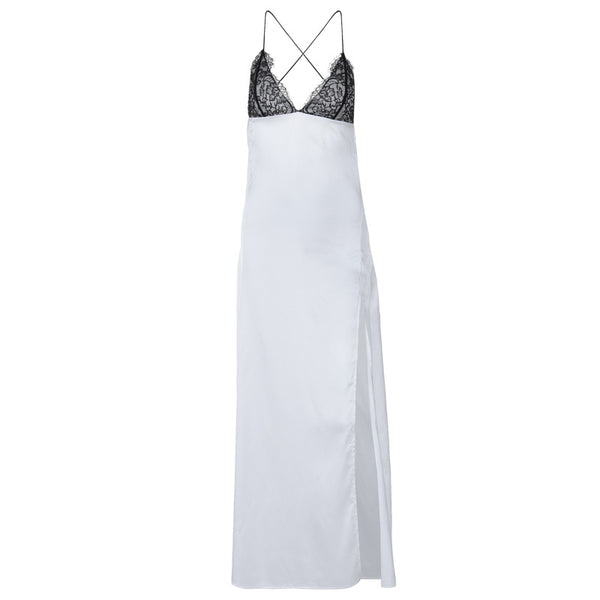 Cross back self tie spaghetti strap v neck slit maxi dress