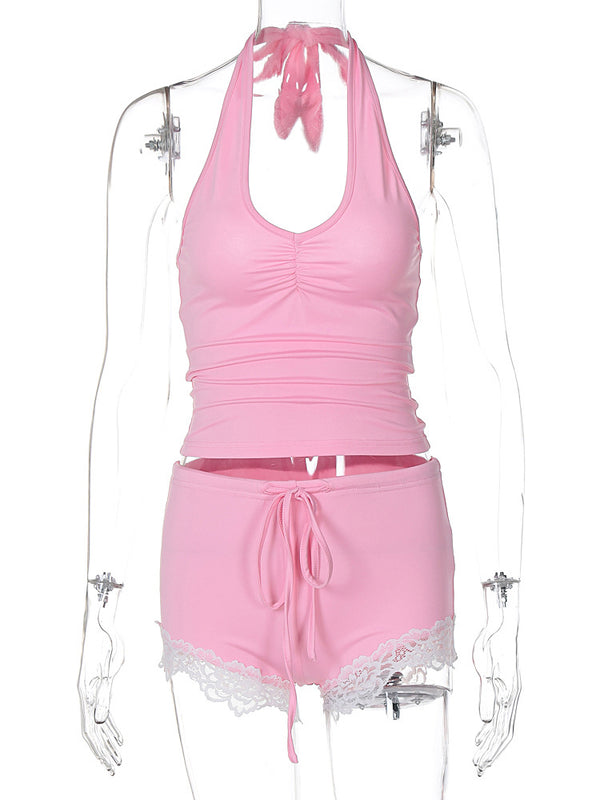 Ruched halter self tie lace hem u neck pant set