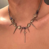 Silver cross rivet metal chain choker necklace