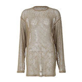 Long sleeve crewneck hollow out see through top