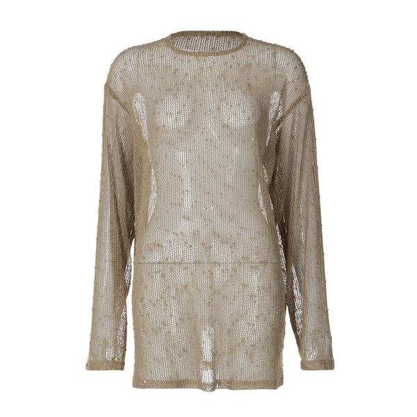 Long sleeve crewneck hollow out see through top
