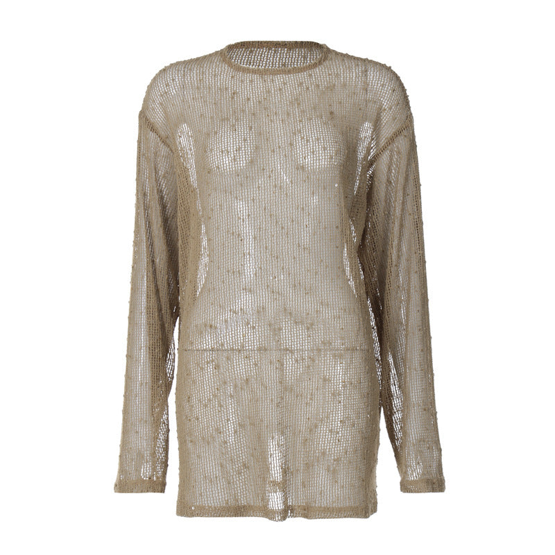Long sleeve crewneck hollow out see through top