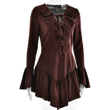Robe mini froncée en satin à manches longues évasées et à volants 