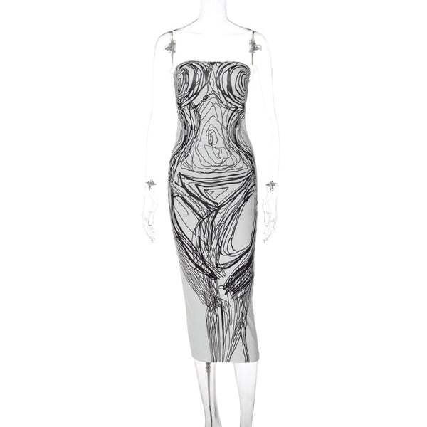 Robe midi tube dos nu à imprimé contrasté 
