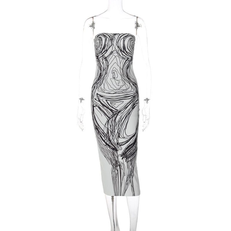 Robe midi tube dos nu à imprimé contrasté 