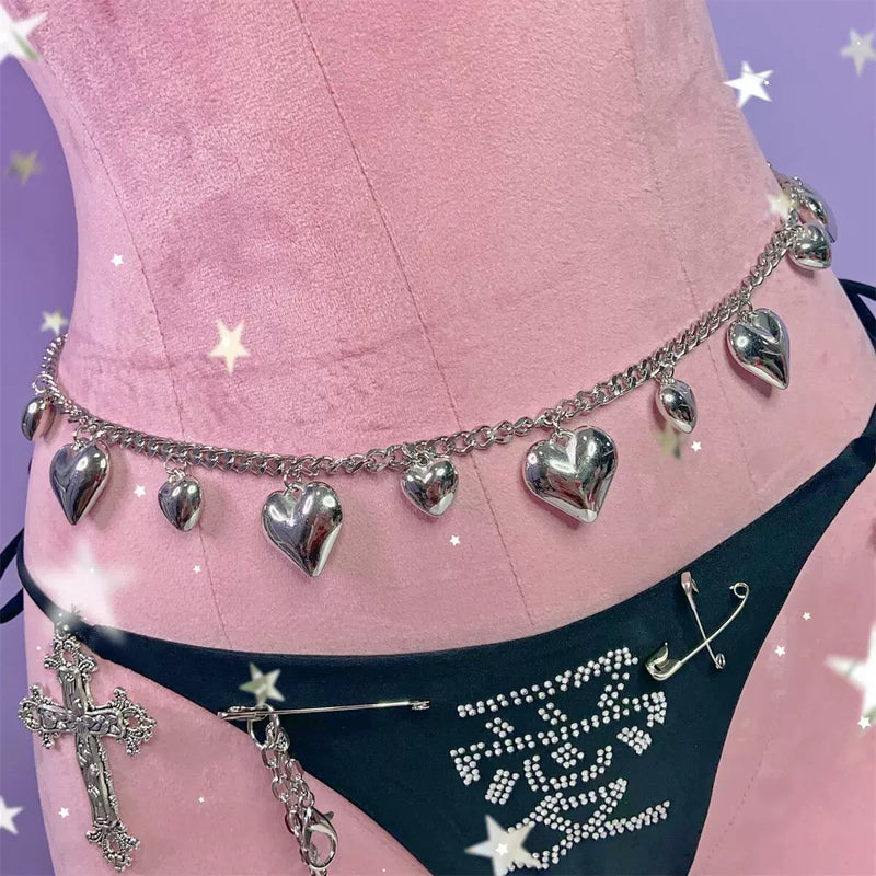 Silver heart decor metal chain waist chain