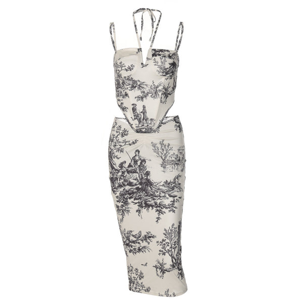 Conjunto de falda midi de tirantes fruncida con estampado halter y lazo 