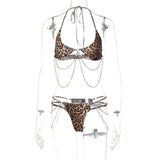 Halter self tie leopard print u neck metal chain pant set