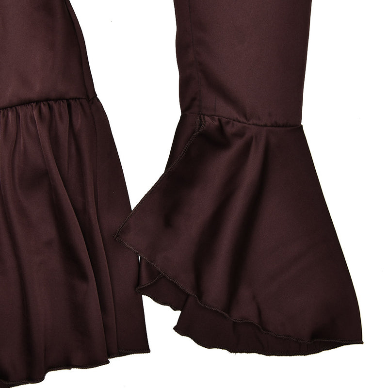 Robe mini froncée en satin à manches longues évasées et à volants 
