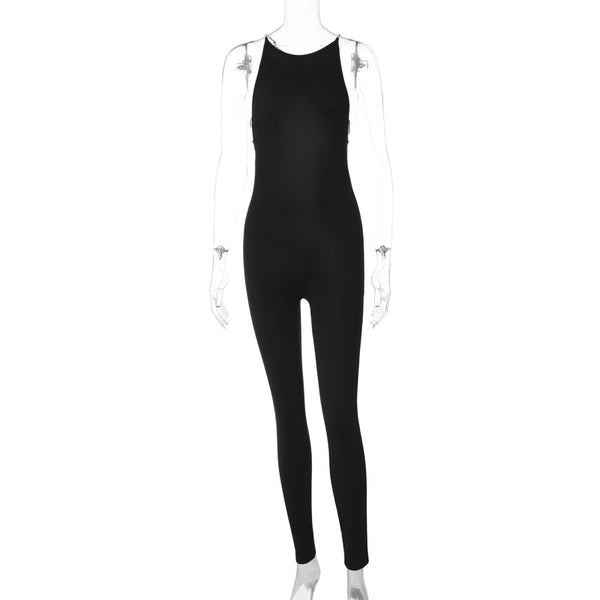 Round neck beaded backless solid jumpsuit