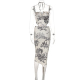 Self tie halter print ruched cami midi skirt set