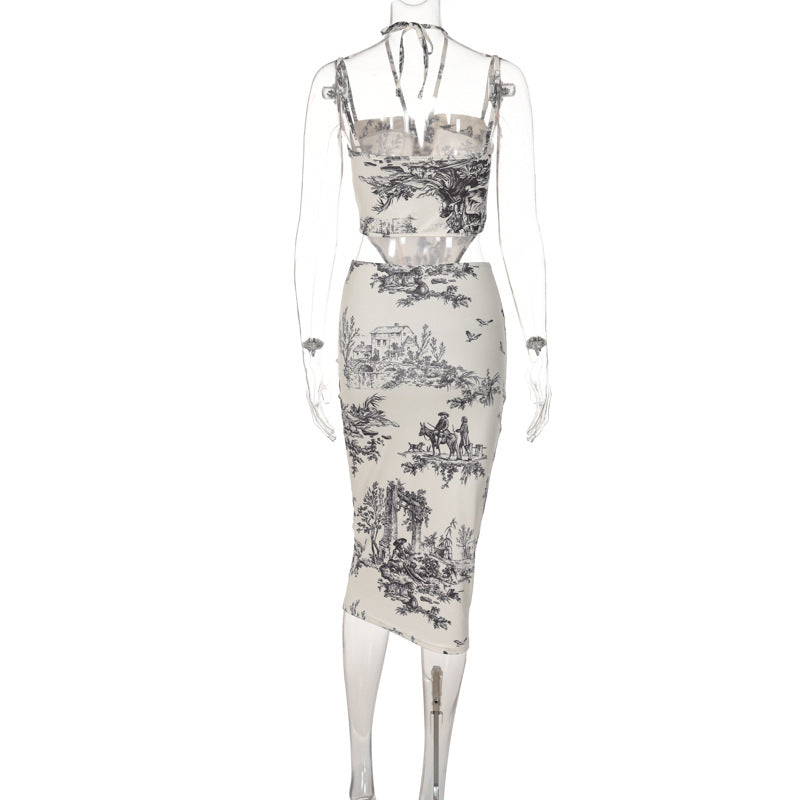 Self tie halter print ruched cami midi skirt set